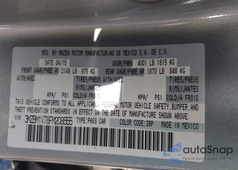 2015 Mazda Mazda3 I Touring z USA, uszkodzony, nr VIN 3MZBM1V78FM208655